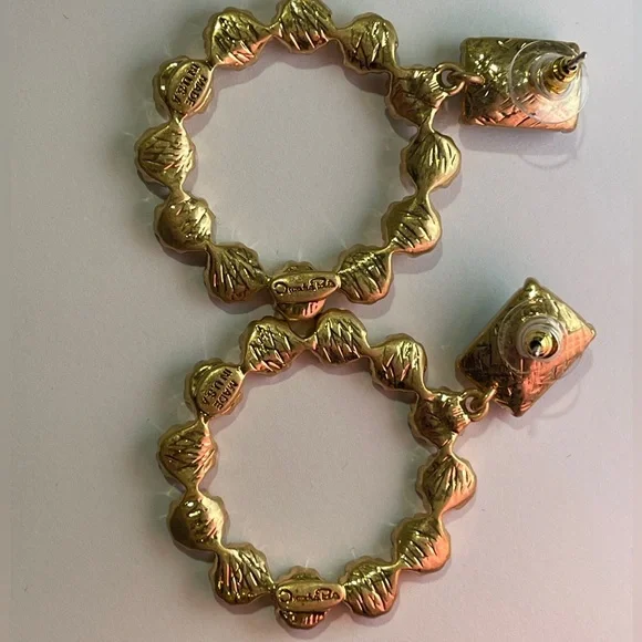 Oscar de La Renta Earrings emerald gold flowers floral Dangle drop hoops signed - Picture 9 of 14